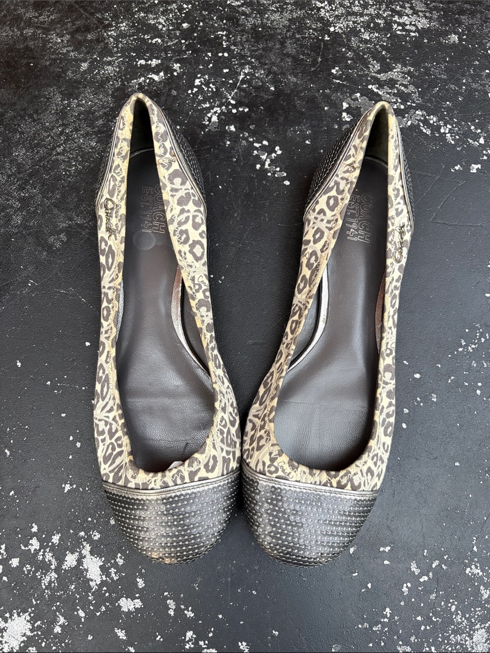 Coach Leopard Print Ballet Flats with Gray Sequins Toe Size 7.5 B